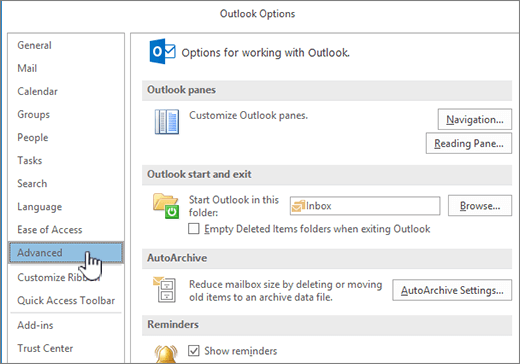 选择了高级的 Outlook 选项