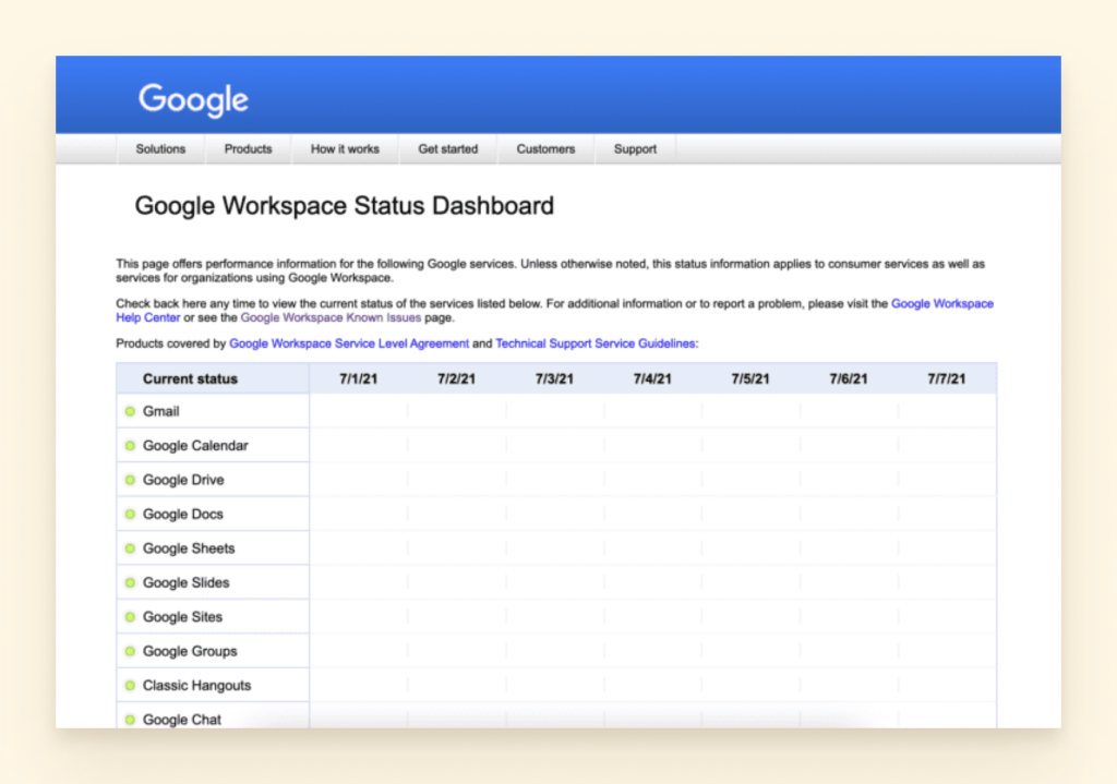 Google Workspace 状态信息中心的屏幕截图