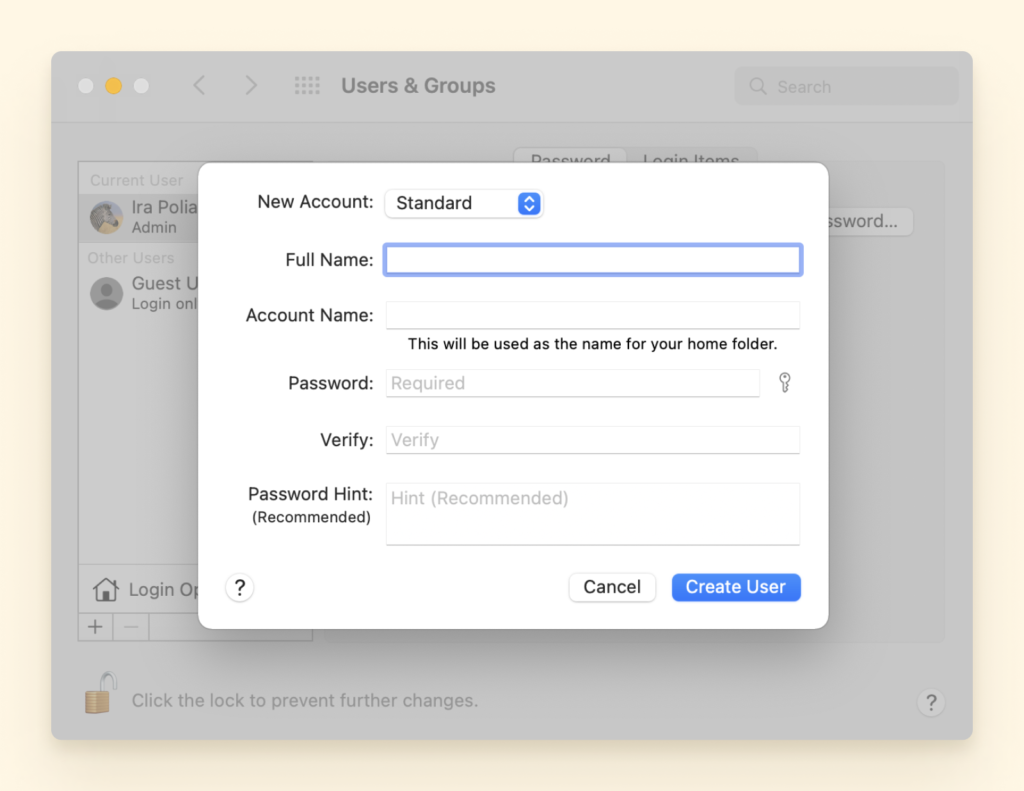 在 Mac 上创建新用户帐户