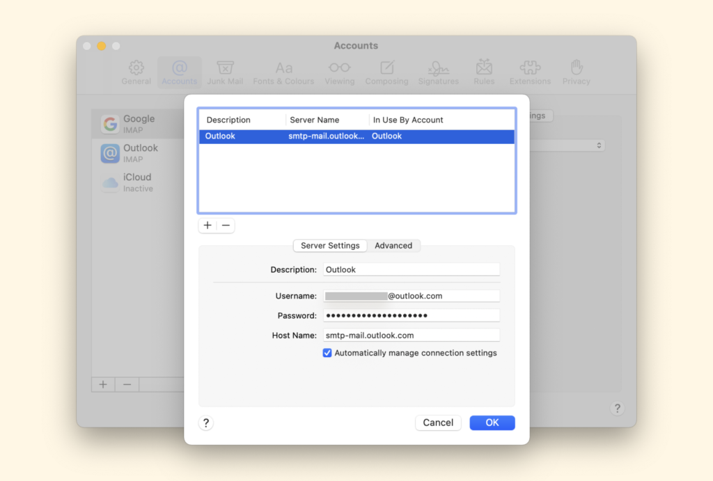 Mac Mail 中的 Outlook 服务器设置