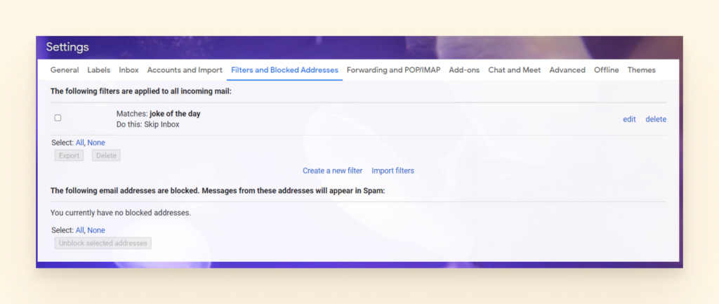 gmail 中过滤器和阻止地址设置的屏幕截图